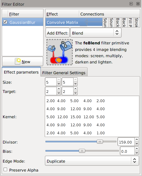 Dialog for Convolve Matrix filter.