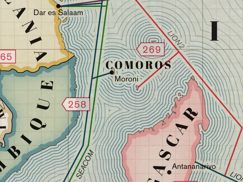 Section of map showing lines ringing a group of islands.